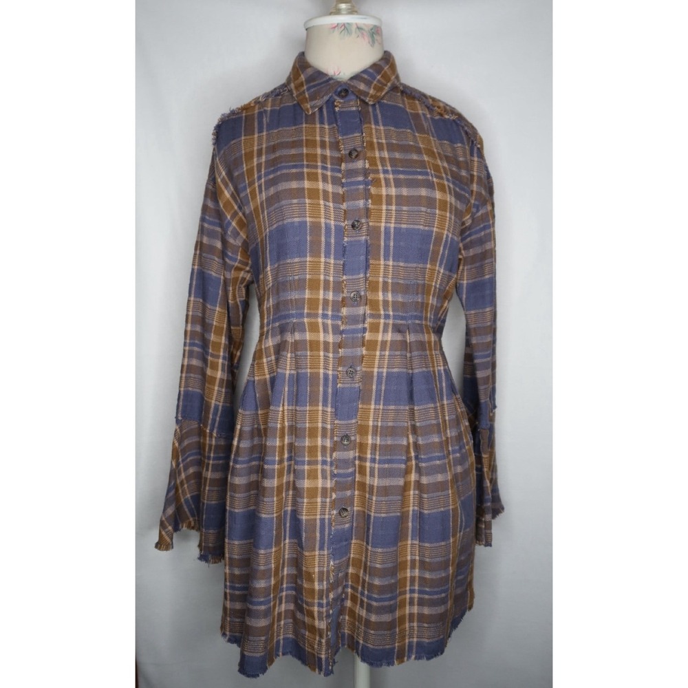 Free People We The Free Mary Ann Plaid Button Down Tunic Shirt Dress Boho XS EUC